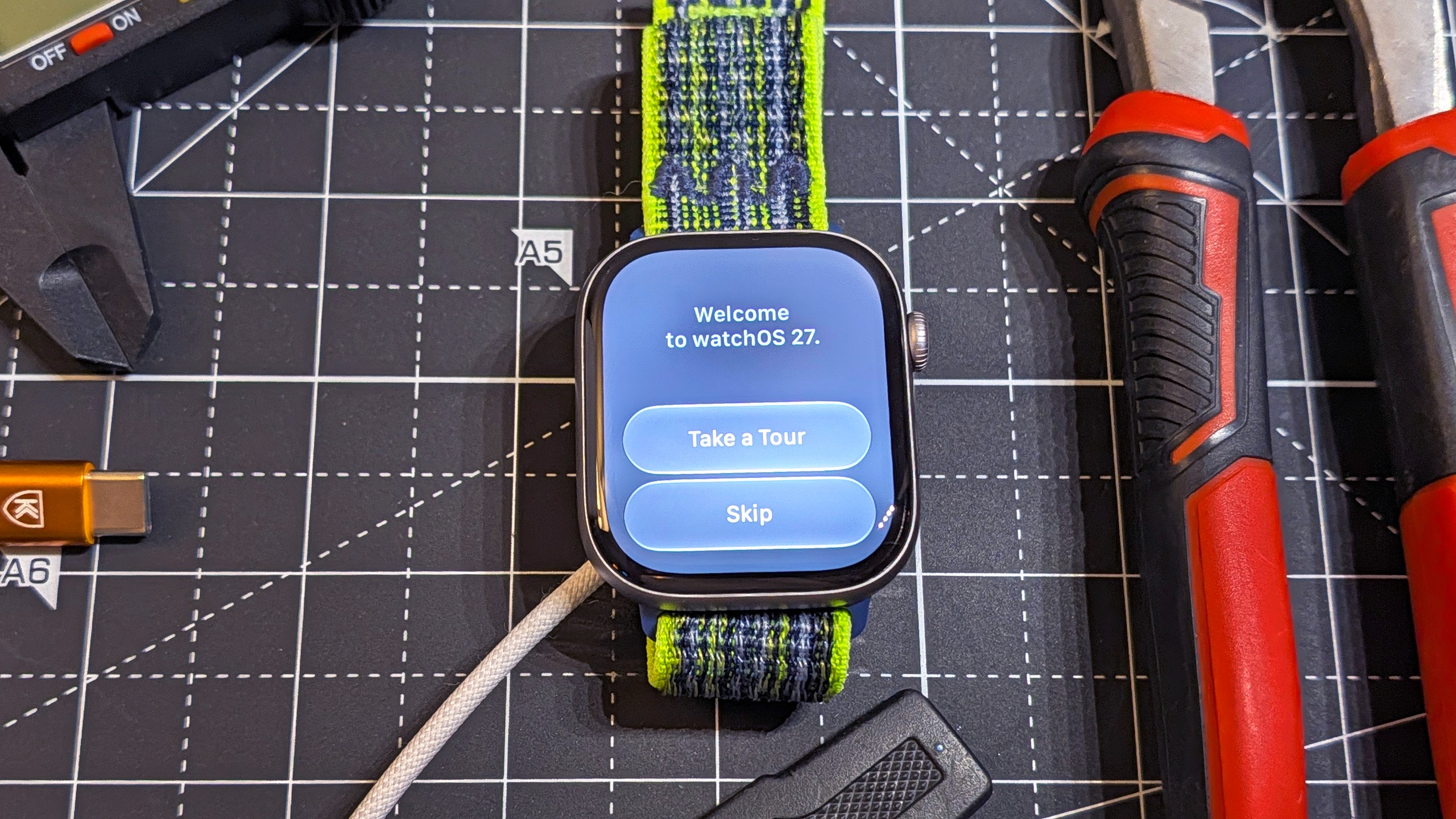 Close-up of the Apple Watch Series 11 showing the latest watchOS 27 software