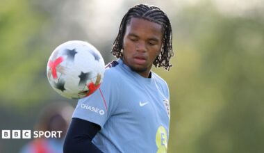 Rio Ngumoha of England controls the ball during a training session at St George's Park