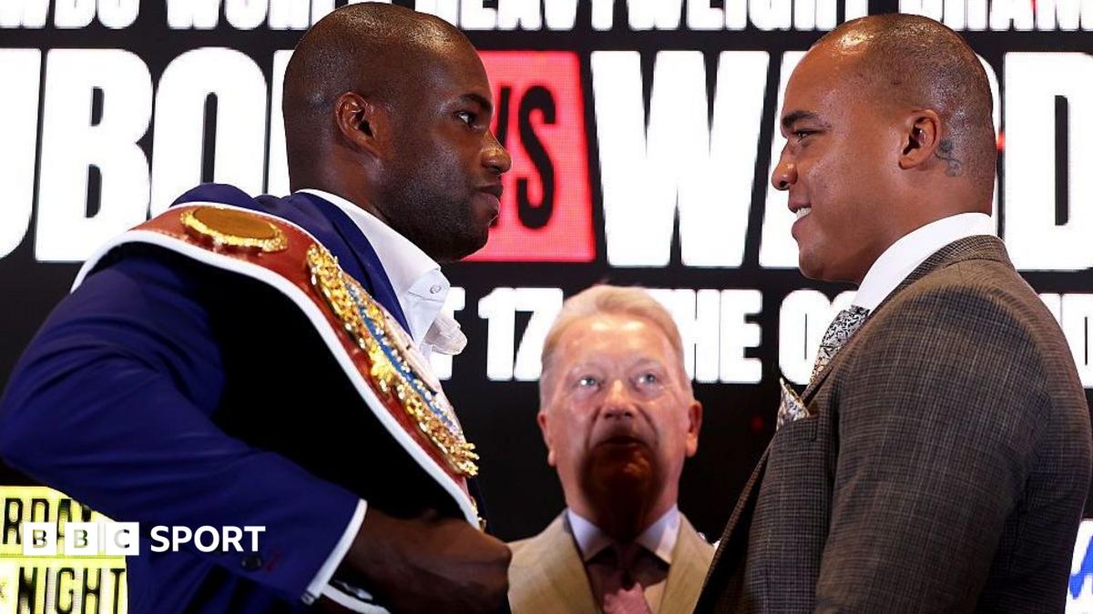 Daniel Dubois (left) has the WBO heavyweight title on his shoulder and is facing off with Fabio Wardley (right)