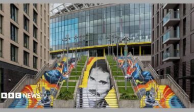 Painted steps seen from the front, with Freddie Mercury's face in black and white across the central flight and koi carp in orange and blue on the steps either side, Wembley Stadium behind