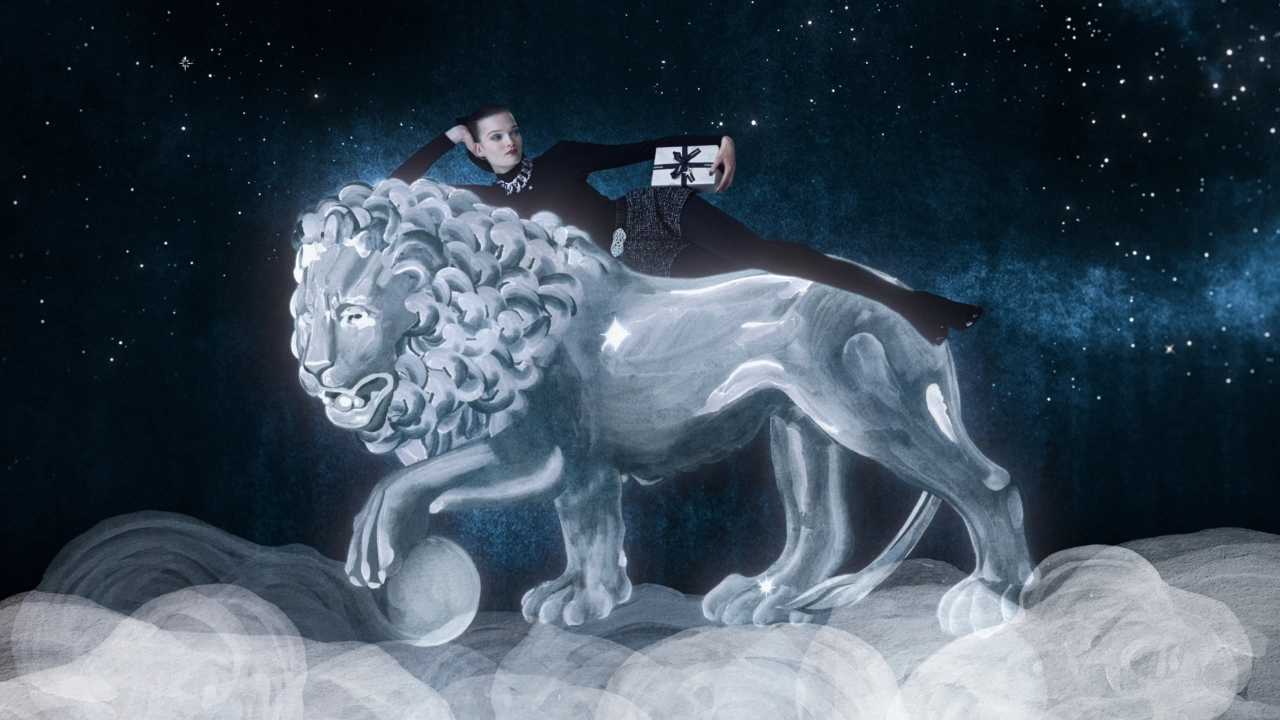 Person riding a large marble lion sculpture through a starry night sky, holding a film camera