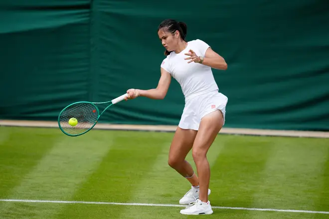 Emma Raducanu of Great Britain during a practice session ahead of the 2026 Wimbledon Championships at the All England Lawn Tennis and Croquet Club, London. Picture date: Saturday June 27, 2026.