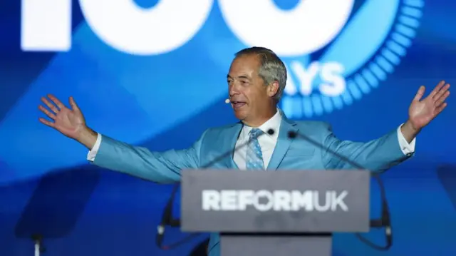 Britain's Reform UK party leader Nigel Farage speaks during the closing remarks of the Reform UK's annual party conference in Birmingham