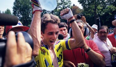 Greg LeMond celebrates winning the 1989 Tour de France after stage 21 into Paris. (Photo by Graham Watson/Getty Images)