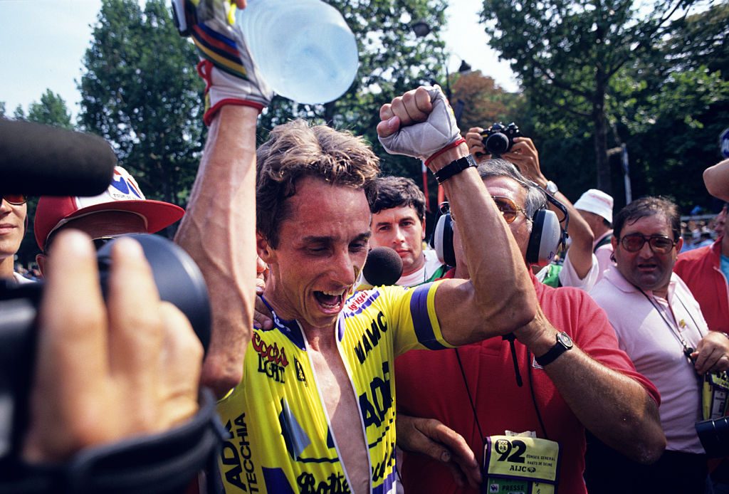 Greg LeMond celebrates winning the 1989 Tour de France after stage 21 into Paris. (Photo by Graham Watson/Getty Images)