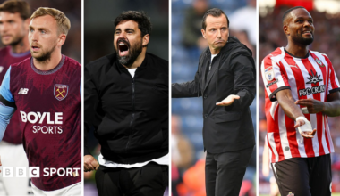Split image of West Ham's Jarrod Bowen, Swansea coach Vitor Matos, QPR coach Julien Stephan and Southampton striker Cyle Larin