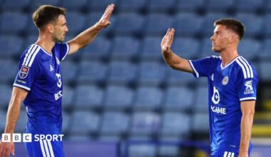 Admir Bristric high-fives Leicester teammate Luke Thomas after scoring against Fulham