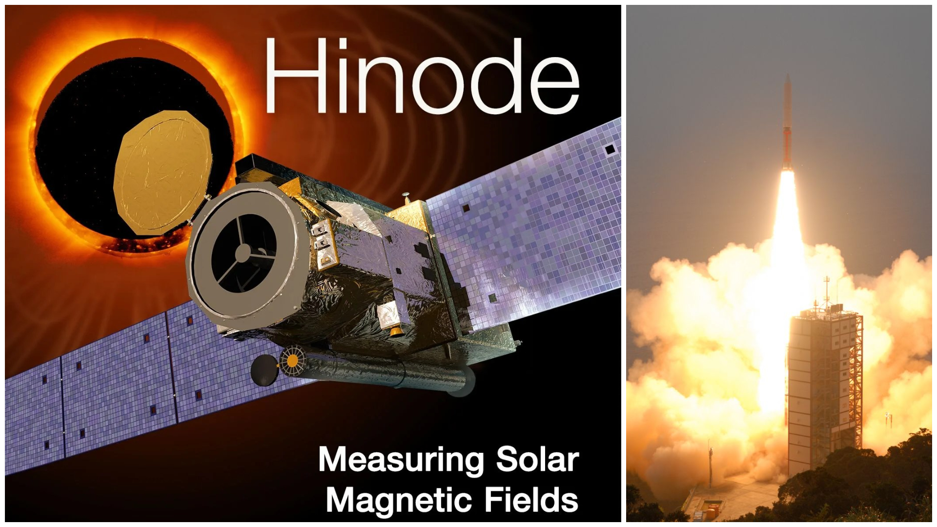 A collage of the Hinode solar observatory launching (right) and in space in an artist's depiction at left.