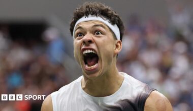Ben Shelton celebrates after beating Carlos Alcaraz in the 2026 US Open quarter-finals