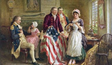 George Washington watching Betsy Ross sew the American flag in 1777. Photo by GraphicaArtis/Getty Images