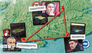 A graphic showing the positions of Bournemouth, Brentford and Brighton football teams on a map