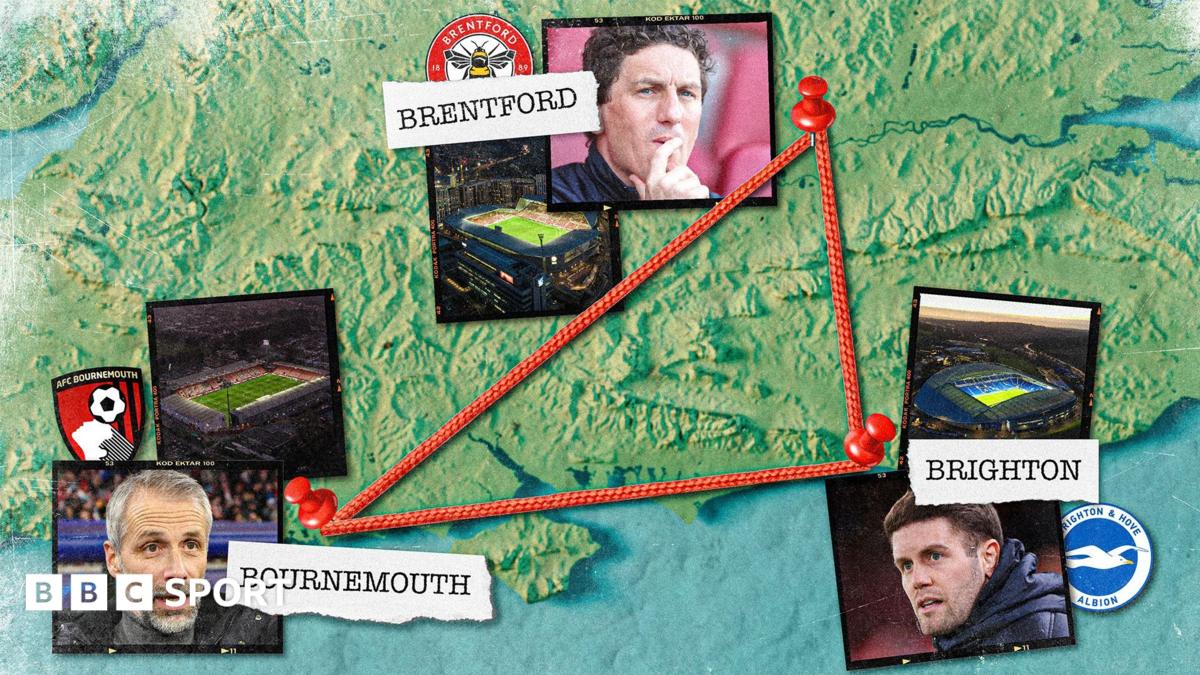 A graphic showing the positions of Bournemouth, Brentford and Brighton football teams on a map