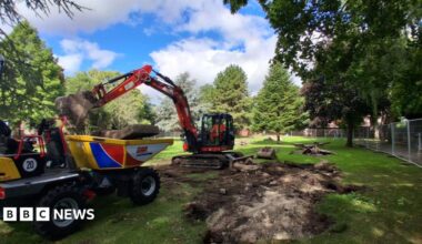 A park in Selby with a digger excavating the site