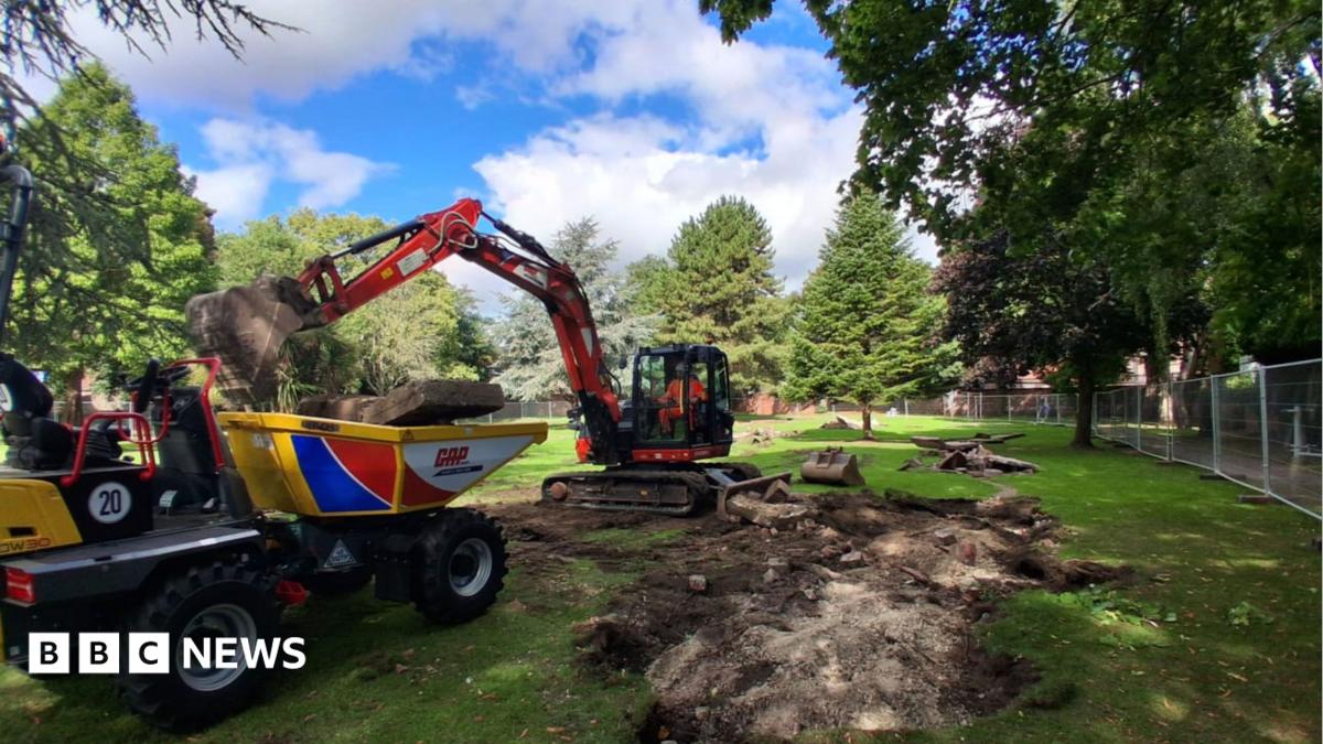 A park in Selby with a digger excavating the site