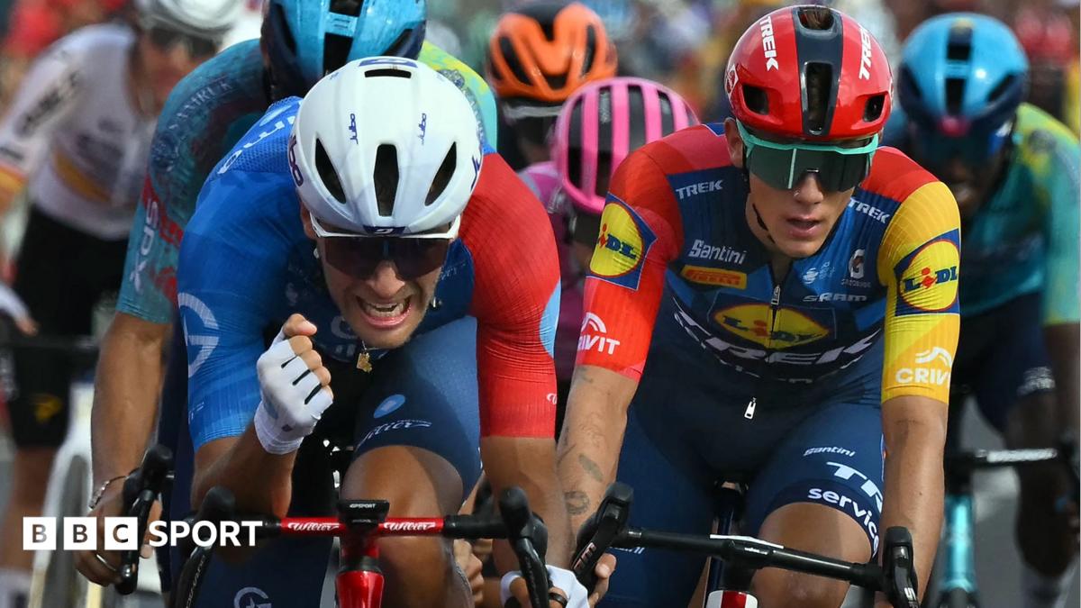 Groupama-FDJ United's Bastien Tronchon celebrates winning stage 10 of the 2026 Vuelta a Espana