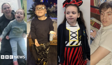 Four close-ups: (l-r) A woman holds her daughter in her arms, both are laughing laughing, a young boy in front of a Christmas tree, a girl in fancy dress, an older boy wearing a white shirt.