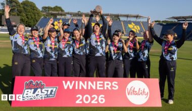 Glamorgan women lifting their trophy after winning the T20 Blast League Two final at Sophia Gardens.