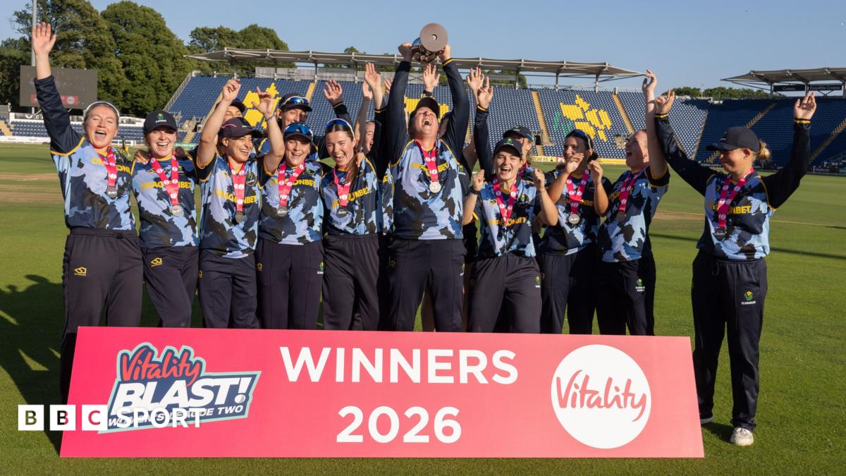 Glamorgan women lifting their trophy after winning the T20 Blast League Two final at Sophia Gardens.