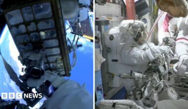 A split screen of an astronaut doing work outside the ISS on the left and an astronaut inside the ISS getting ready to spacewalk on the right.