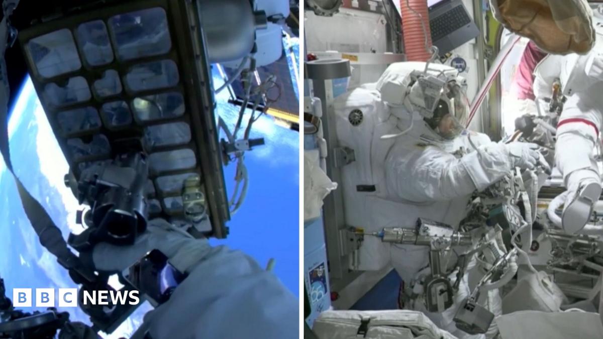 A split screen of an astronaut doing work outside the ISS on the left and an astronaut inside the ISS getting ready to spacewalk on the right.