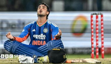 India batter Abhishek Sharma celebrates his century against Afghanistan