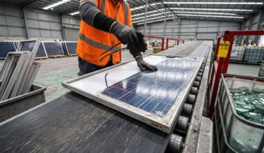 A worker feeding a retired panel toward a recycled glass line