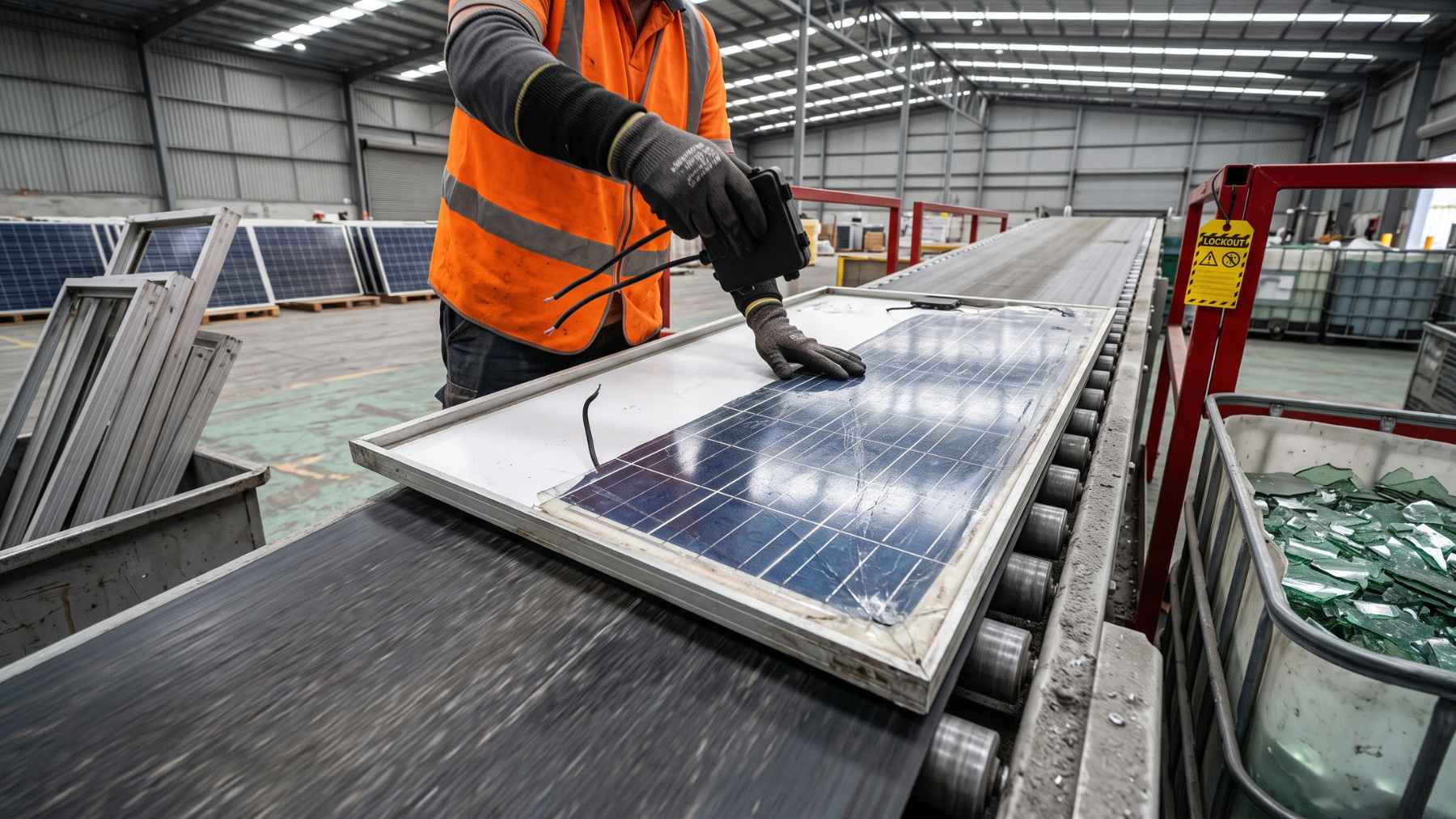 A worker feeding a retired panel toward a recycled glass line