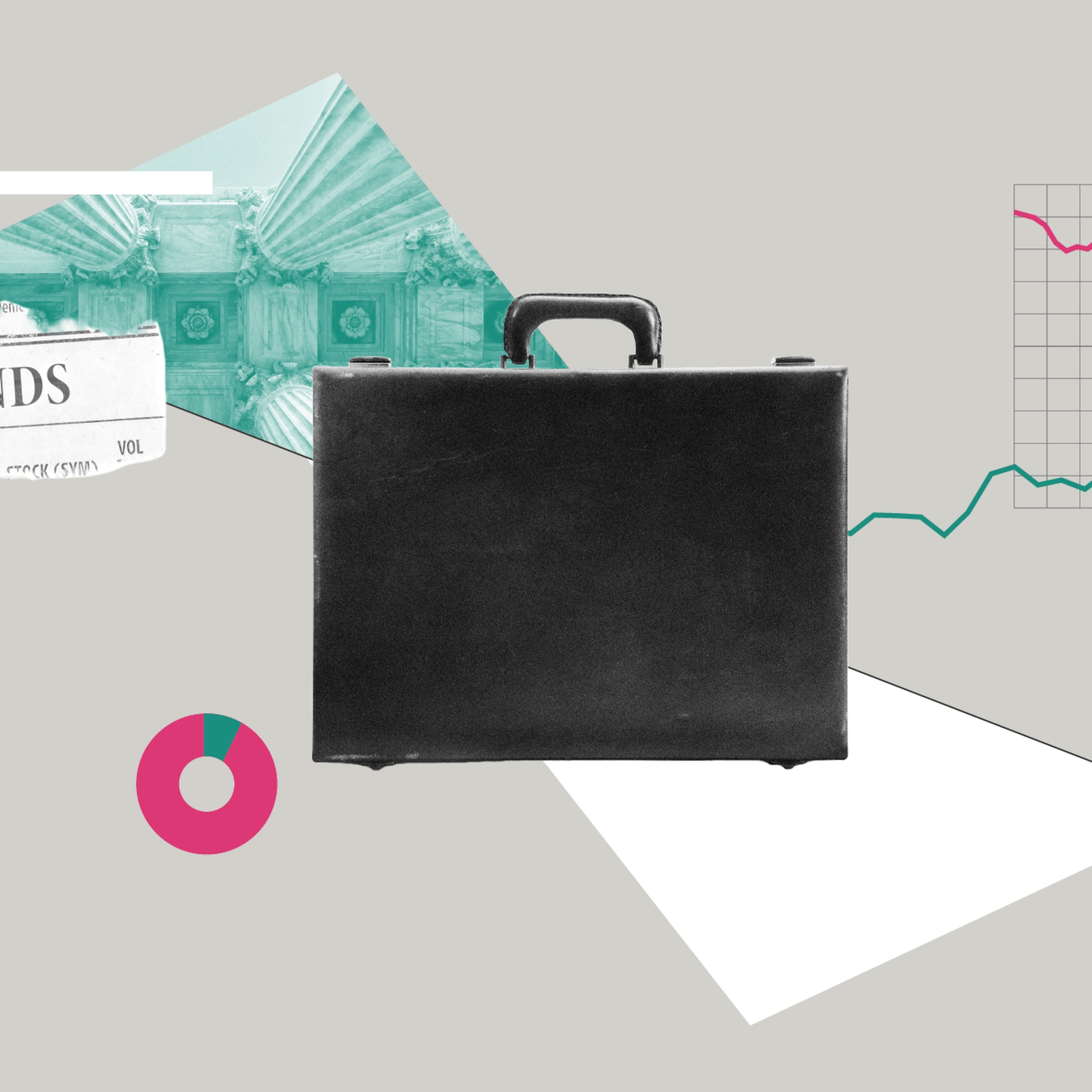 Collage featuring a briefcase, newspaper clipping about Bonds, and graphical elements.