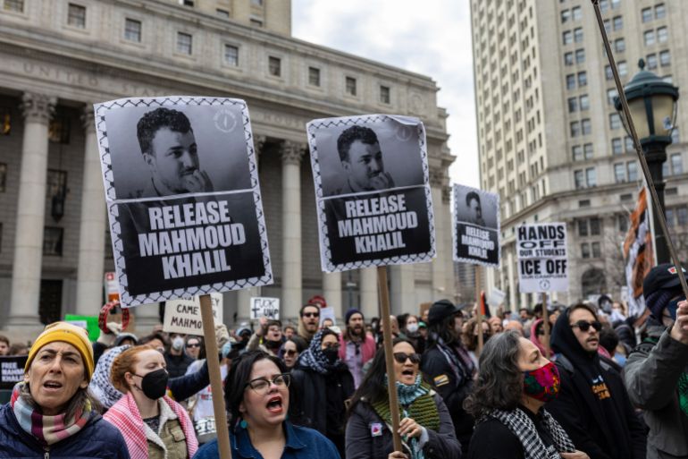Protesters gather outside the Manhattan federal court in support of Mahmoud Khalil, in New York, US