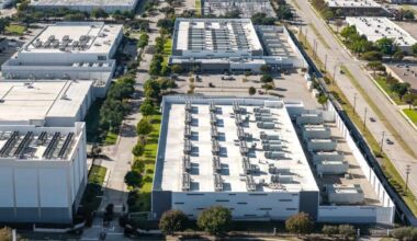 Richardson, Texas: Aerial view of large modern AI or IT data centers in Richardson, Texas
