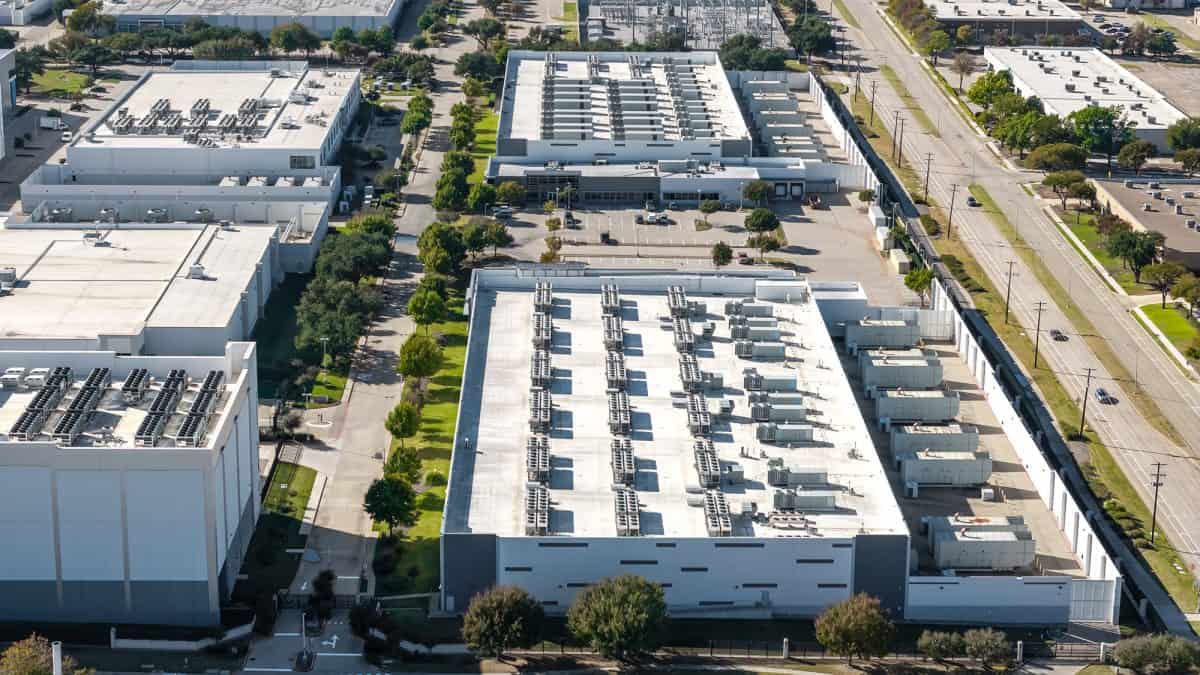Richardson, Texas: Aerial view of large modern AI or IT data centers in Richardson, Texas