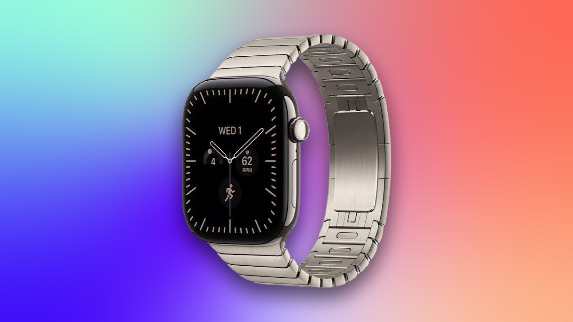 An Apple watch in silver on a blue, orange CNET background.