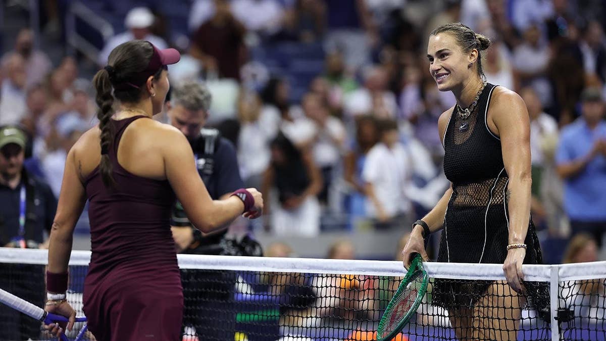 Aryna Sabalenka greets Jessica Pegula