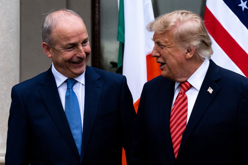 US president Donald Trump is greeted by Taoiseach Micheal Martin as he arrives at Farmleigh House, in Dublin on Saturday. Photograph: Alex Kent/The New York Times 