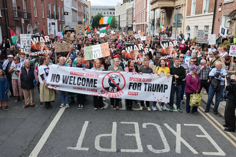Trump demonstration from the Garden of Remembrance to the Dáil, in Dublin city on Saturday. Photograph: Dara Mac Dónaill / The Irish Times