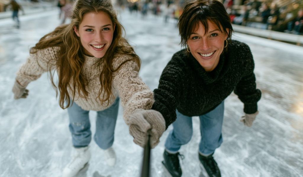 On the left, Sarah, my second daughter, and on the right, Jocelyne, without whom I would be only a shadow of myself. Here they are ice skating while waiting for the start of Charly’s match. Jocelyne goes to almost all of our son’s matches.

