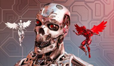 Chrome robot with good and bad winged alternatives hovering and whispering in his ear