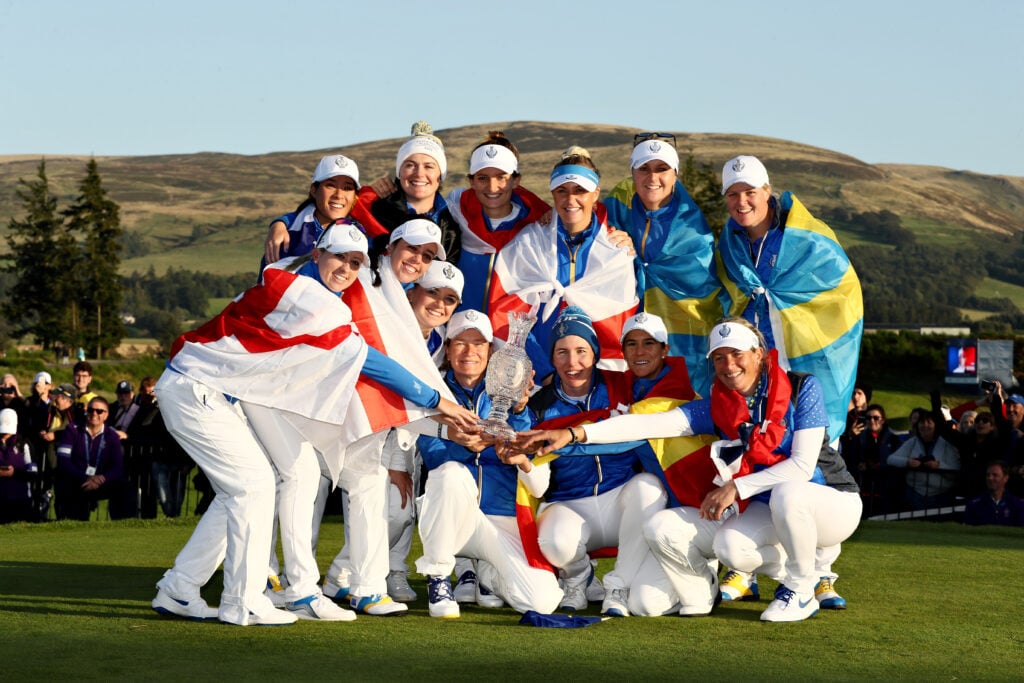 Team Europe celebrate with the trophy after winning the 2019 Solheim Cup