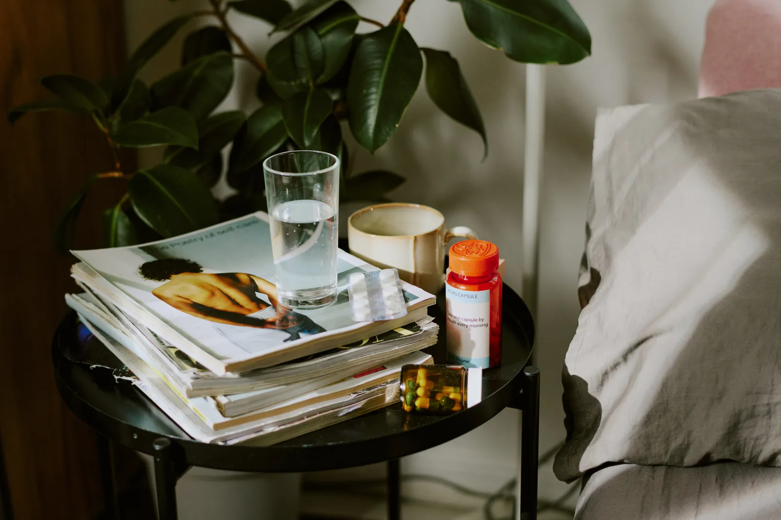 Medical supplies on a bedside table.