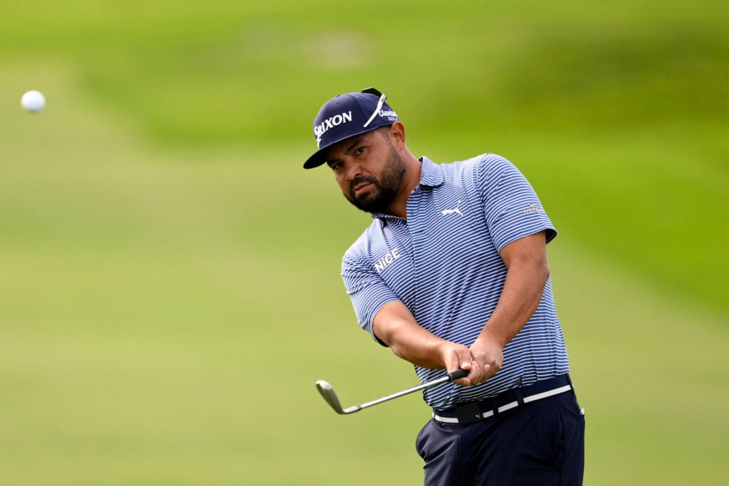 J.J. Spaun of the United States chips on the fourth hole during the pro-am prior to the Farmers Insurance Open 2026 at Torrey Pines North Course on January 28, 2026 in La Jolla, California