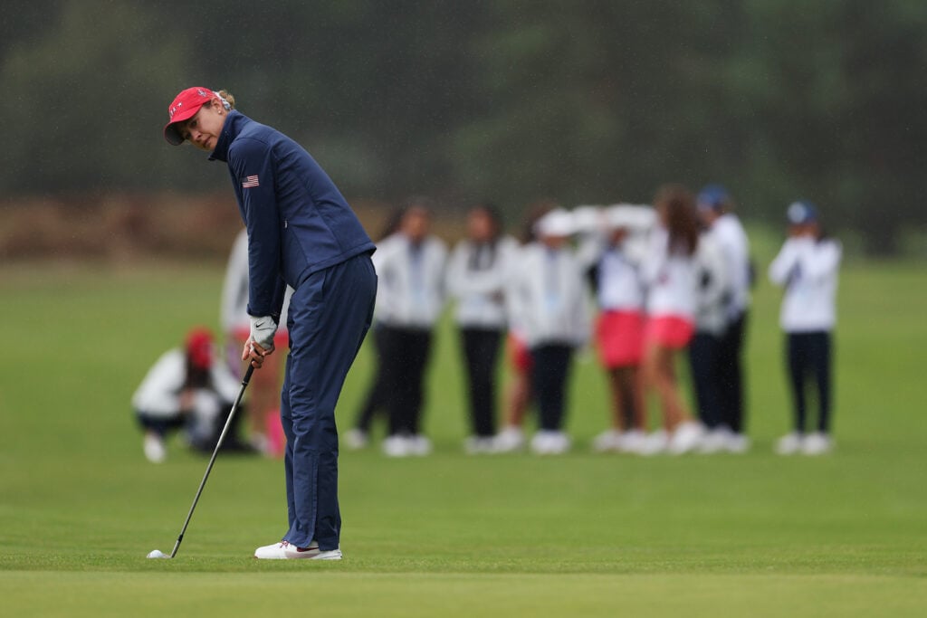 Nelly Korda hits a chip shot during a practice round ahead of the Solheim Cup