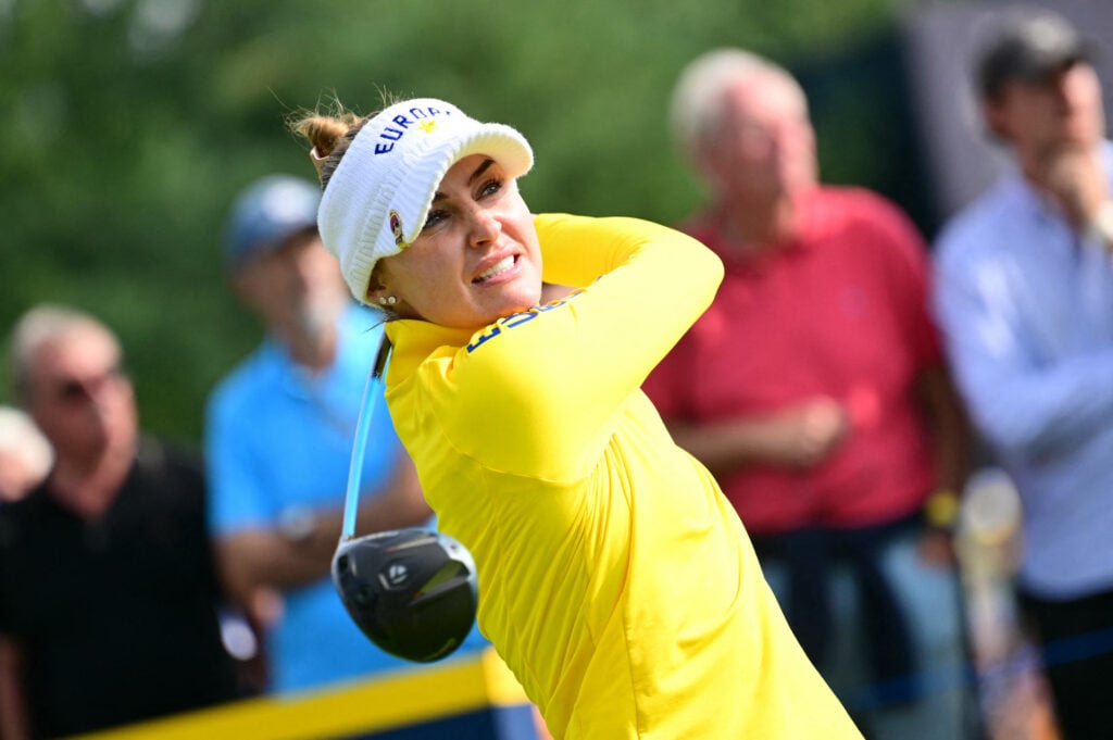 Charley Hull hits a tee shot during the second day of the 2026 Solheim Cup