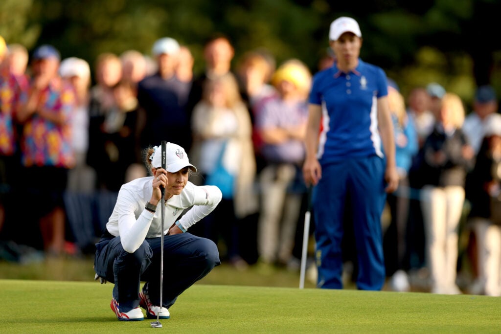 Nelly Korda lines up a putt during the Friday afternoon session at the Solheim Cup