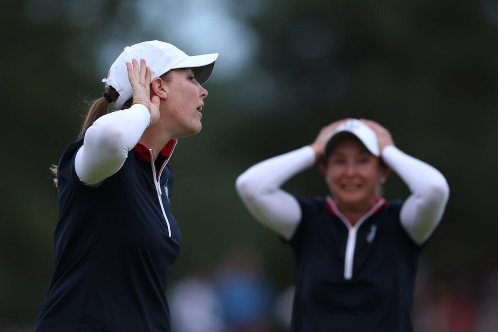 Jennifer Kupcho reacts to making a crucial putt on Saturday evening at the Solheim Cup