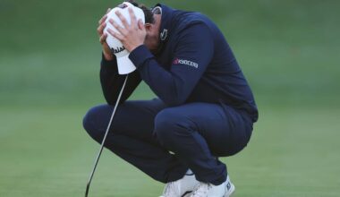 VIRGINIA WATER, ENGLAND - SEPTEMBER 20: Manuel Elvira of Spain reacts following a double bogey on the 18th green on day four of the BMW PGA Championship at Wentworth Golf Club on September 20, 2026 in Virginia Water, England. (Photo by Andrew Redington/Getty Images)