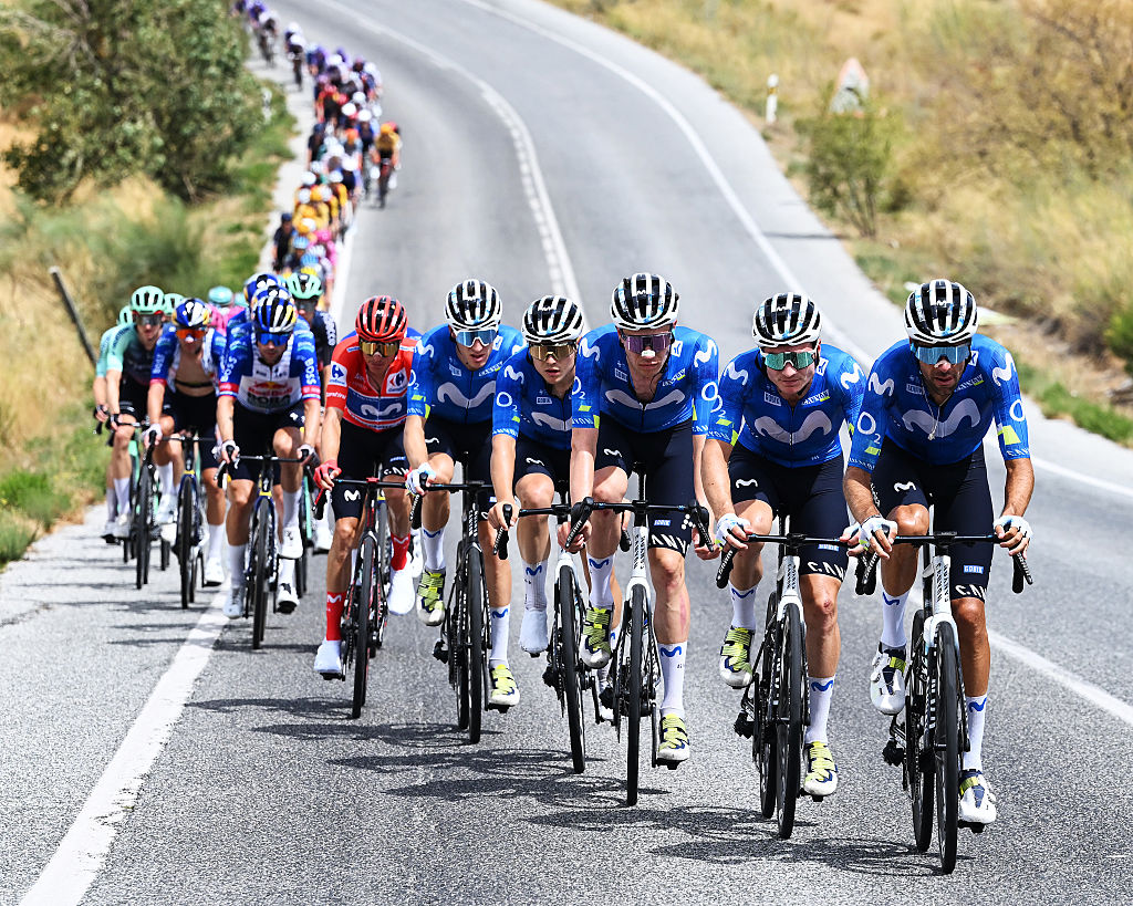 LOJA, SPAIN - SEPTEMBER 04: (L-R) Enric Mas of Spain - Red Leader Jersey, Pablo Castrillo of Spain, Raul Garcia Pierna of Spain, Ivan Romeo of Spain, Carlos Canal of Spain and Jorge Arcas of Spain and Movistar Team compete during the La Vuelta - 81st Tour of Spain 2026, Stage 13 a 192.8km stage from Almu&ntilde;ecar to Loja 501m / #UCIWT / on September 04, 2026 in Loja, Spain. (Photo by Tim de Waele/Getty Images)