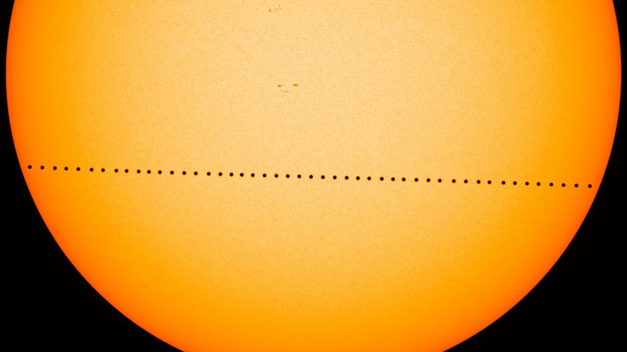 Composite image of Mercury transiting across the sun on 9 May, 2016, as seen by HMI on NASA's Solar Dynamics Obersvatory. Credit: NASA/SDO