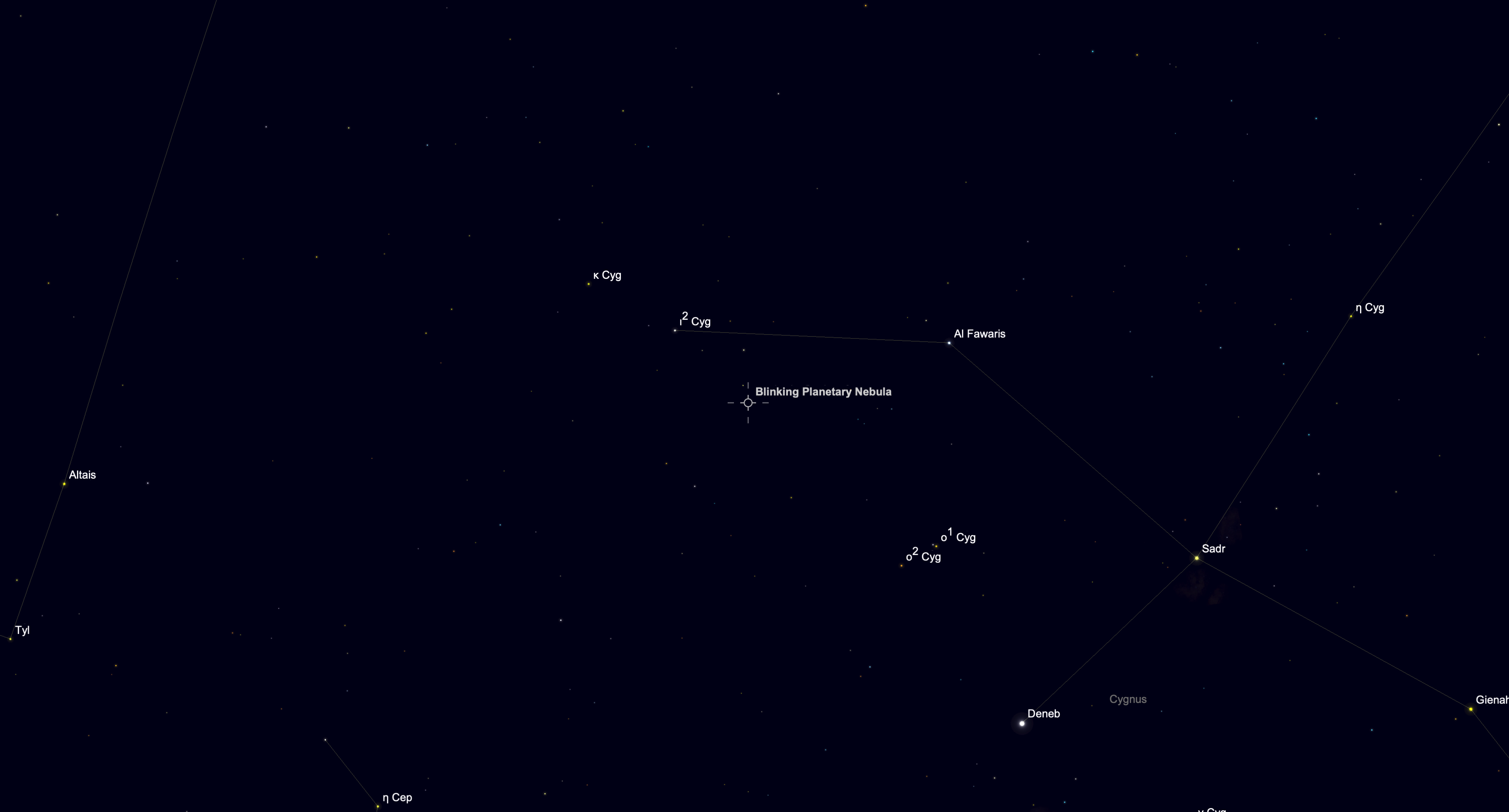 Star chart showing the location of the Blinking Planetary Nebula in the constellation Cygnus on Sept. 3, 2026.