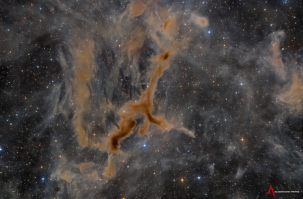 A brown nebula in the shape of a running giraffe
is seen in front of a dark field of stars.