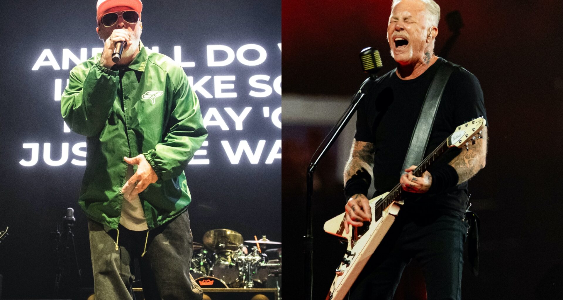 two side by side photographs of Limp Bizkit (left) and Metallica (right) performing live on stage